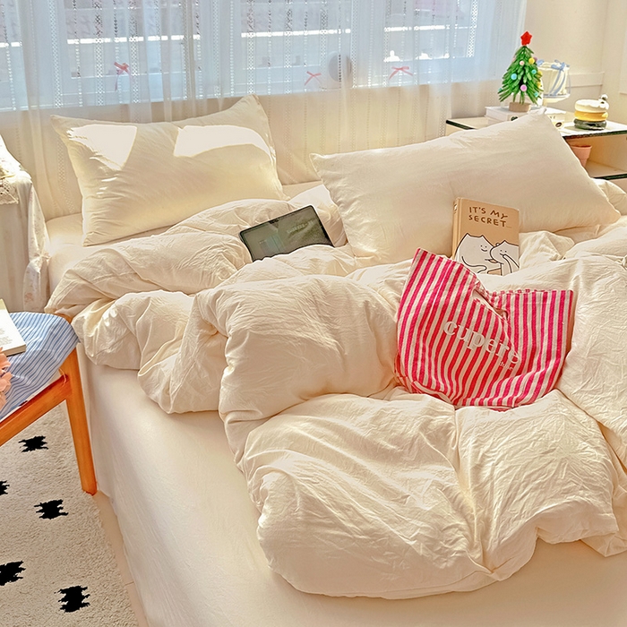 91家纺网 家纺一手货源 找家纺 繁花家居 2025新款高克重撞色水洗棉四件套 可可白