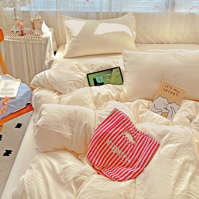 91家纺网 家纺一手货源 找家纺 繁花家居 2025新款高克重撞色水洗棉四件套 可可白