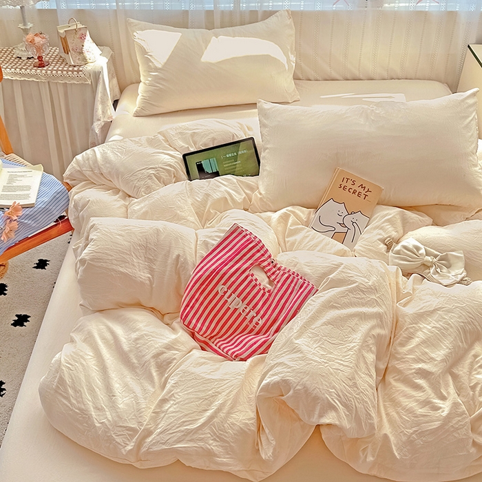 91家纺网 家纺一手货源 找家纺 繁花家居 2025新款高克重撞色水洗棉四件套 可可白