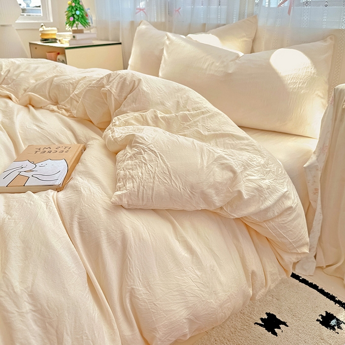 91家纺网 家纺一手货源 找家纺 繁花家居 2025新款高克重撞色水洗棉四件套 可可白