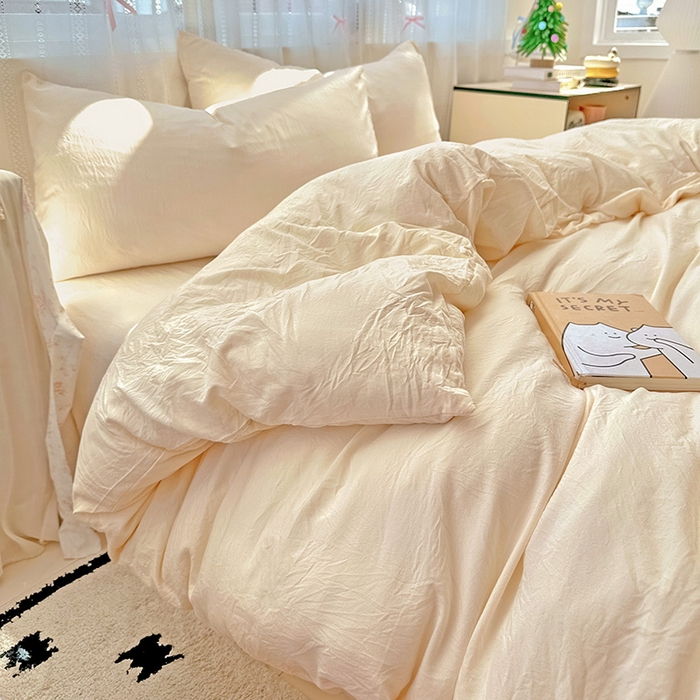 91家纺网 家纺一手货源 找家纺 繁花家居 2025新款高克重撞色水洗棉四件套 可可白