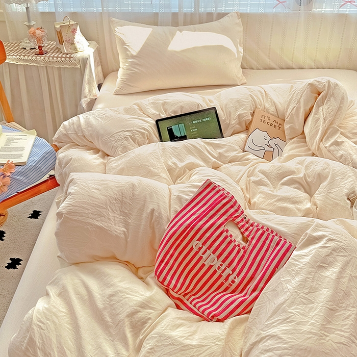 91家纺网 家纺一手货源 找家纺 繁花家居 2025新款高克重撞色水洗棉四件套 可可白