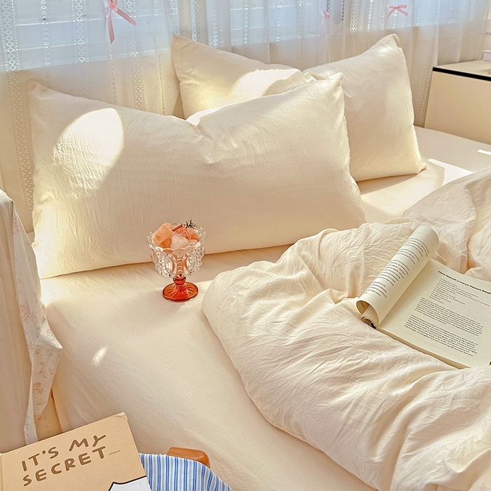 91家纺网 家纺一手货源 找家纺 繁花家居 2025新款高克重撞色水洗棉四件套 可可白