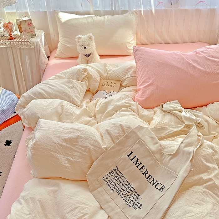 91家纺网 家纺一手货源 找家纺 繁花家居 2025新款高克重撞色水洗棉四件套 可可白粉