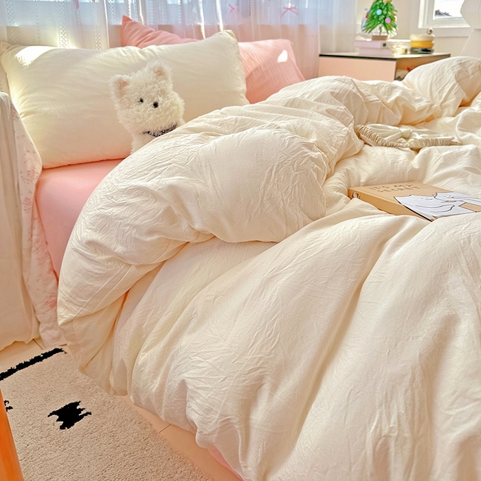 91家纺网 家纺一手货源 找家纺 繁花家居 2025新款高克重撞色水洗棉四件套 可可白粉