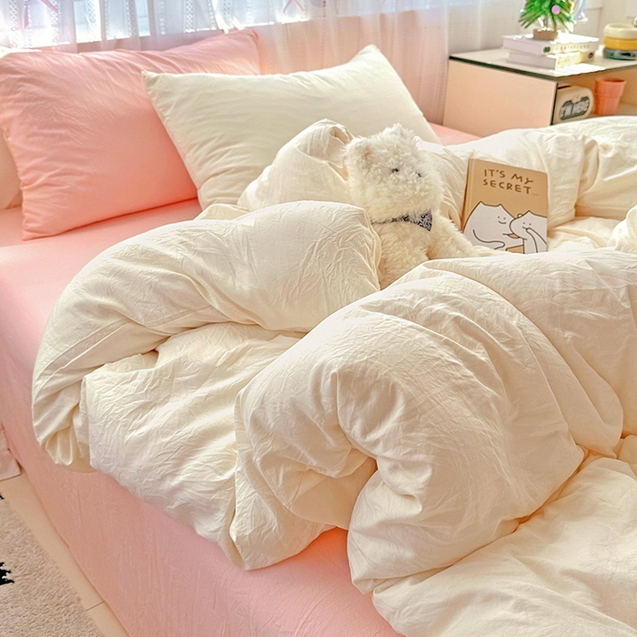 91家纺网 家纺一手货源 找家纺 繁花家居 2025新款高克重撞色水洗棉四件套 可可白粉