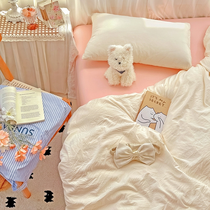 91家纺网 家纺一手货源 找家纺 繁花家居 2025新款高克重撞色水洗棉四件套 可可白粉