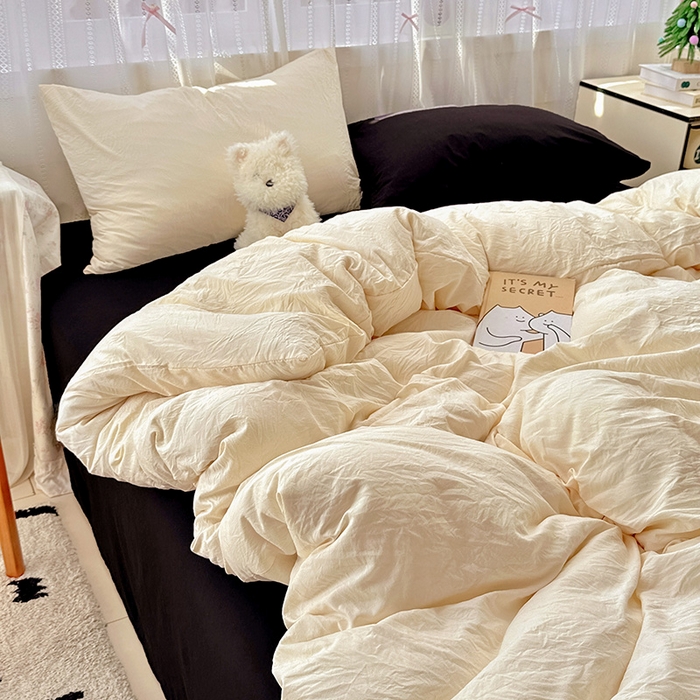 91家纺网 家纺一手货源 找家纺 繁花家居 2025新款高克重撞色水洗棉四件套 可可白酷黑