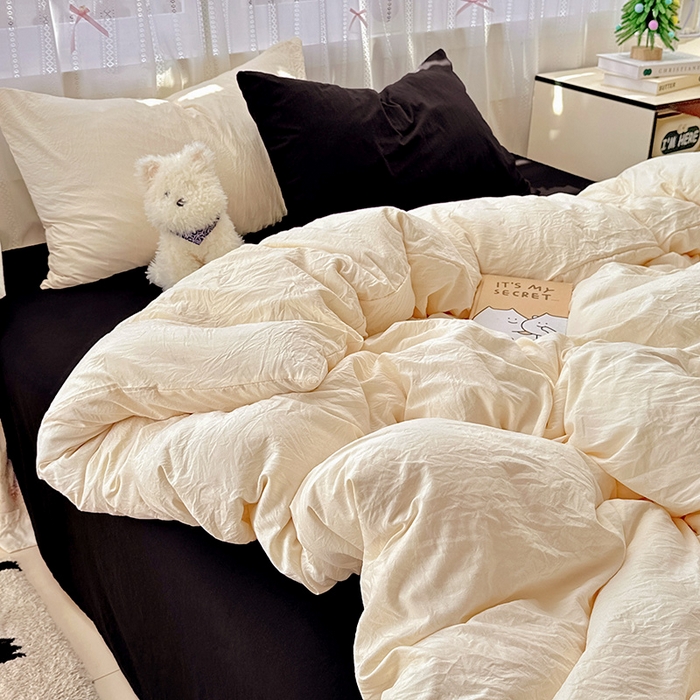 91家纺网 家纺一手货源 找家纺 繁花家居 2025新款高克重撞色水洗棉四件套 可可白酷黑