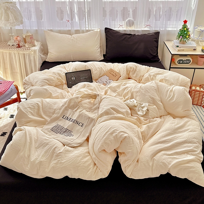 91家纺网 家纺一手货源 找家纺 繁花家居 2025新款高克重撞色水洗棉四件套 可可白酷黑