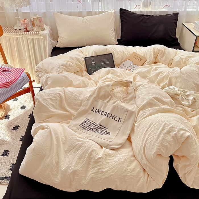 91家纺网 家纺一手货源 找家纺 繁花家居 2025新款高克重撞色水洗棉四件套 可可白酷黑