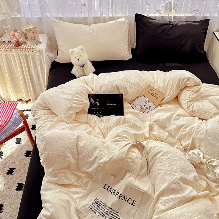 91家纺网 家纺一手货源 找家纺 繁花家居 2025新款高克重撞色水洗棉四件套 可可白酷黑