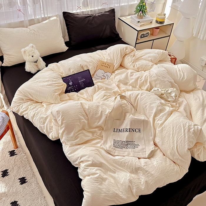 91家纺网 家纺一手货源 找家纺 繁花家居 2025新款高克重撞色水洗棉四件套 可可白酷黑