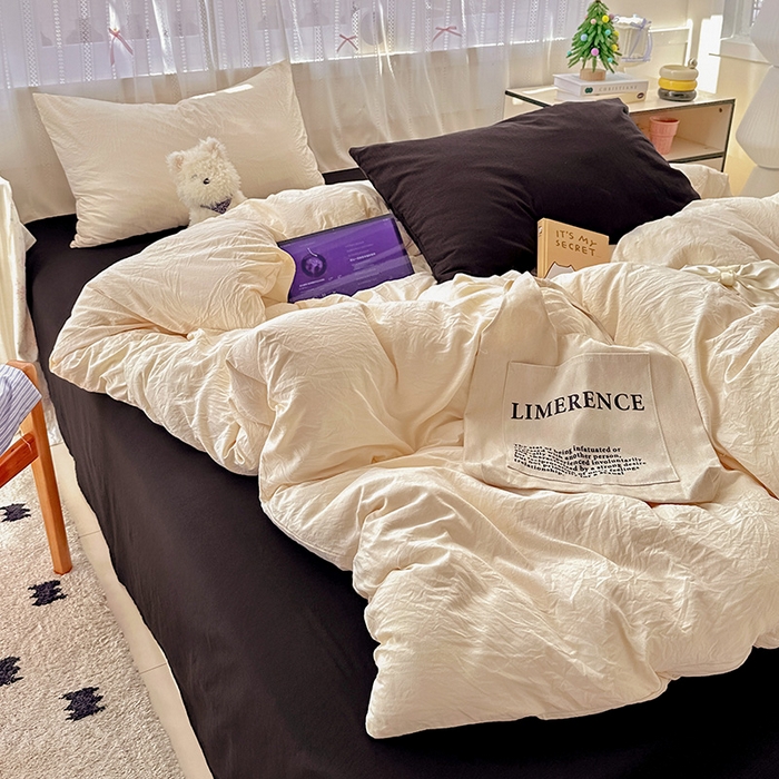 91家纺网 家纺一手货源 找家纺 繁花家居 2025新款高克重撞色水洗棉四件套 可可白酷黑