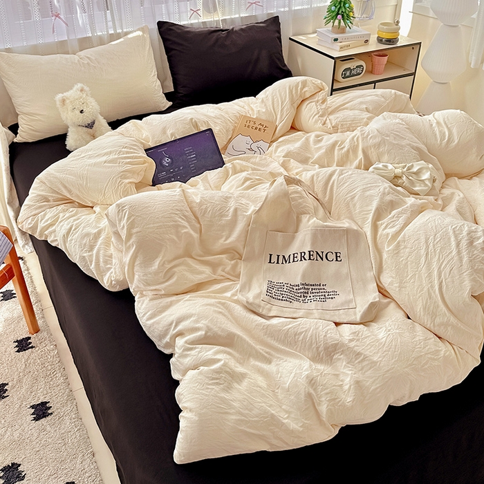 91家纺网 家纺一手货源 找家纺 繁花家居 2025新款高克重撞色水洗棉四件套 可可白酷黑