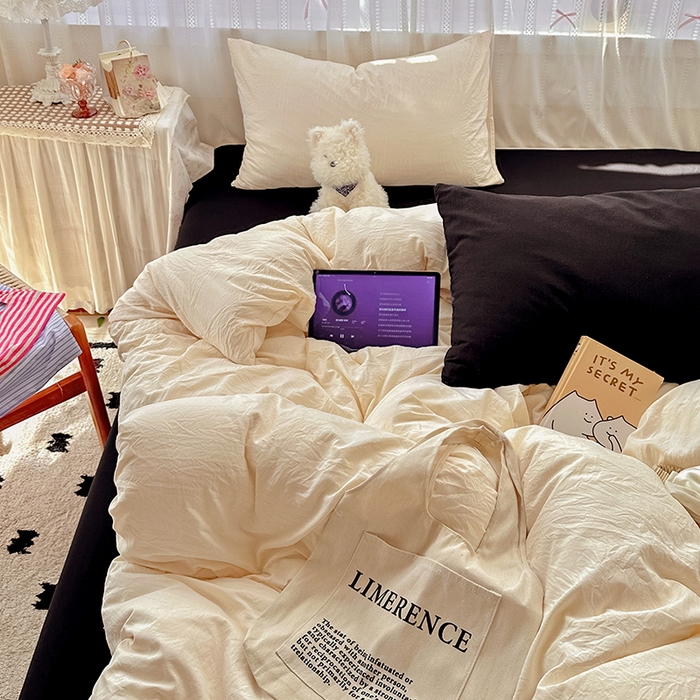 91家纺网 家纺一手货源 找家纺 繁花家居 2025新款高克重撞色水洗棉四件套 可可白酷黑