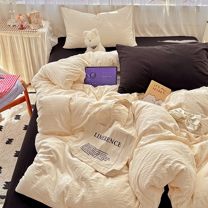 91家纺网 家纺一手货源 找家纺 繁花家居 2025新款高克重撞色水洗棉四件套 可可白酷黑