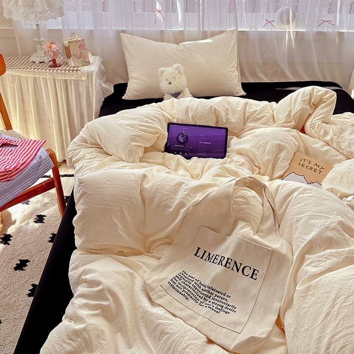 91家纺网 家纺一手货源 找家纺 繁花家居 2025新款高克重撞色水洗棉四件套 可可白酷黑