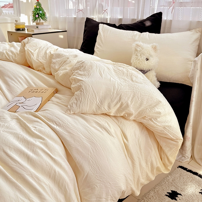 91家纺网 家纺一手货源 找家纺 繁花家居 2025新款高克重撞色水洗棉四件套 可可白酷黑