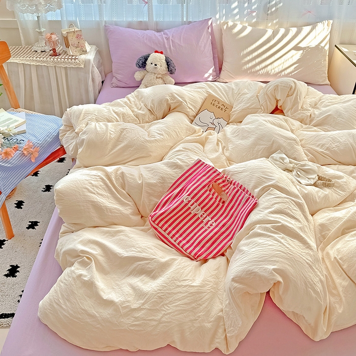 91家纺网 家纺一手货源 找家纺 繁花家居 2025新款高克重撞色水洗棉四件套 可可白紫