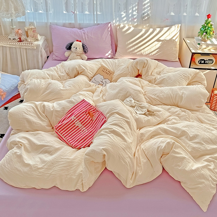 91家纺网 家纺一手货源 找家纺 繁花家居 2025新款高克重撞色水洗棉四件套 可可白紫