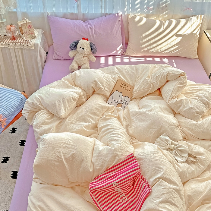 91家纺网 家纺一手货源 找家纺 繁花家居 2025新款高克重撞色水洗棉四件套 可可白紫