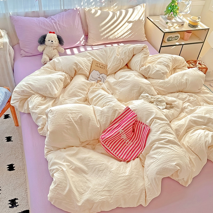 91家纺网 家纺一手货源 找家纺 繁花家居 2025新款高克重撞色水洗棉四件套 可可白紫