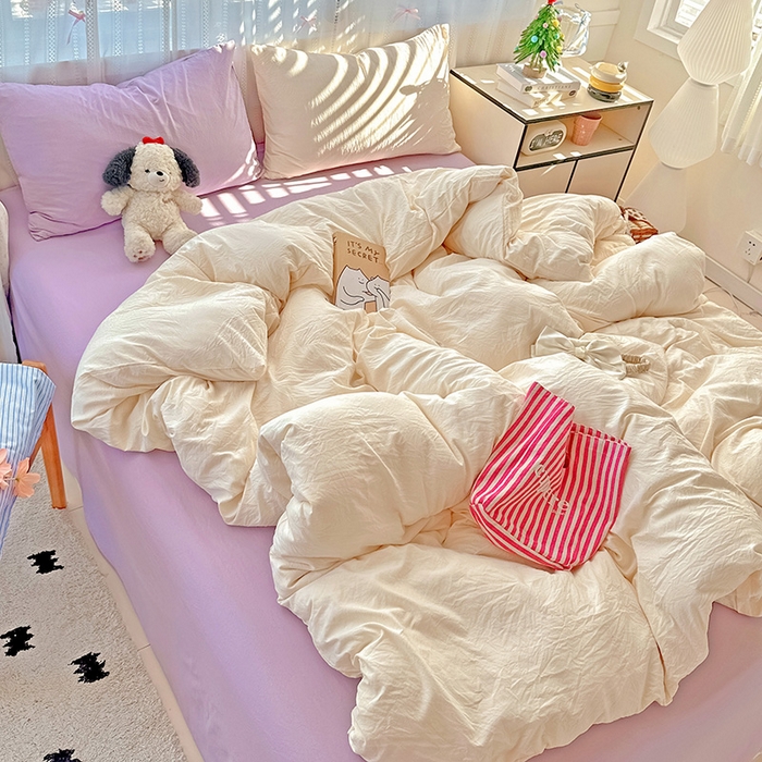 91家纺网 家纺一手货源 找家纺 繁花家居 2025新款高克重撞色水洗棉四件套 可可白紫