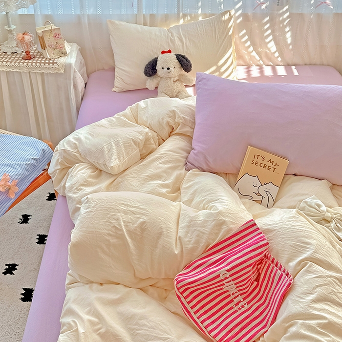 91家纺网 家纺一手货源 找家纺 繁花家居 2025新款高克重撞色水洗棉四件套 可可白紫