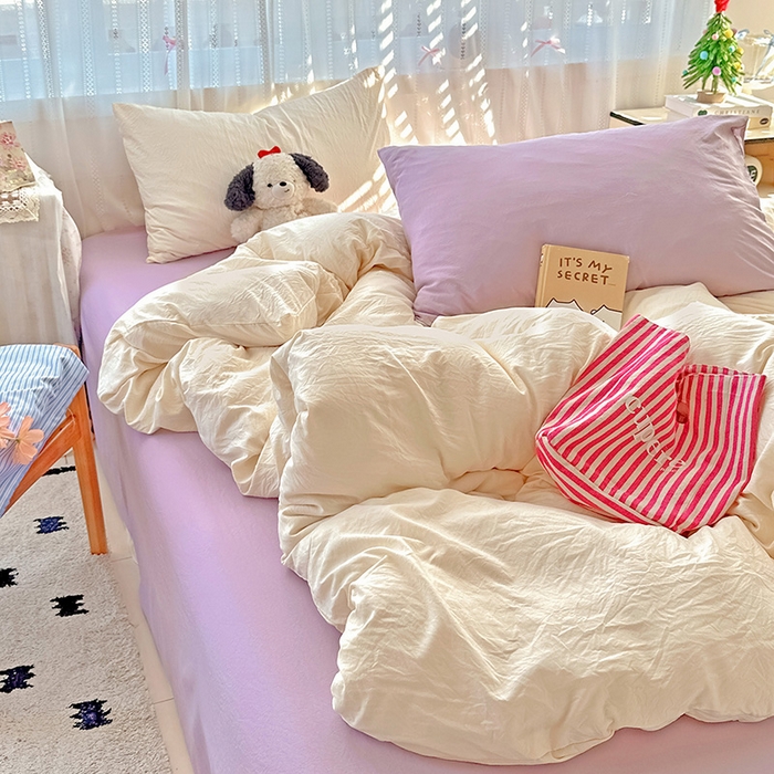 91家纺网 家纺一手货源 找家纺 繁花家居 2025新款高克重撞色水洗棉四件套 可可白紫