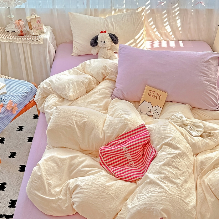 91家纺网 家纺一手货源 找家纺 繁花家居 2025新款高克重撞色水洗棉四件套 可可白紫