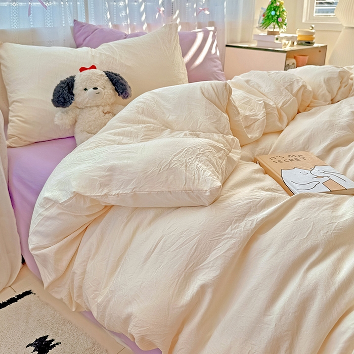 91家纺网 家纺一手货源 找家纺 繁花家居 2025新款高克重撞色水洗棉四件套 可可白紫