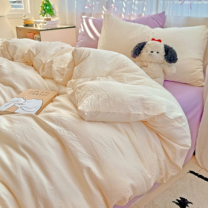 91家纺网 家纺一手货源 找家纺 繁花家居 2025新款高克重撞色水洗棉四件套 可可白紫