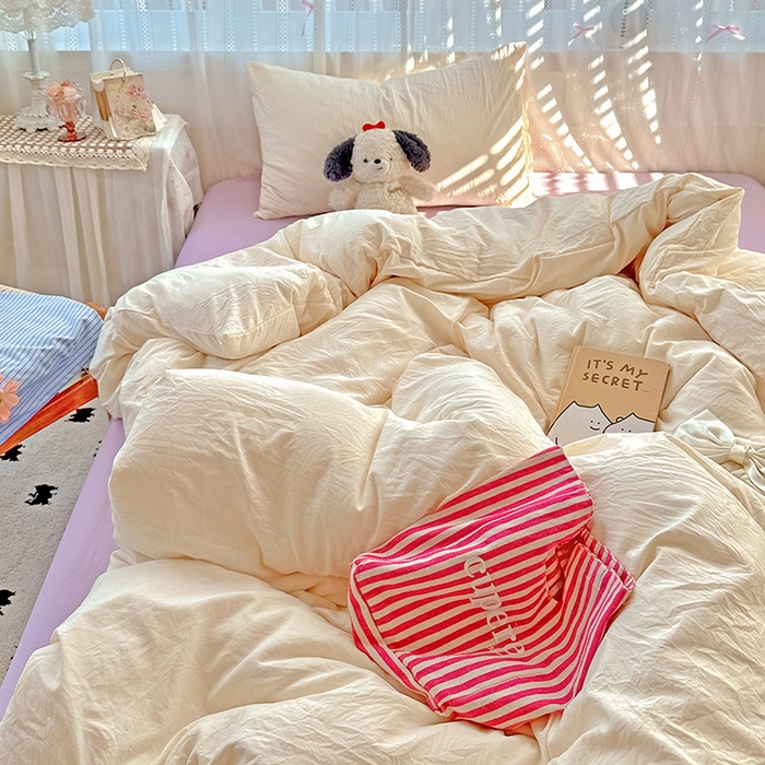 91家纺网 家纺一手货源 找家纺 繁花家居 2025新款高克重撞色水洗棉四件套 可可白紫