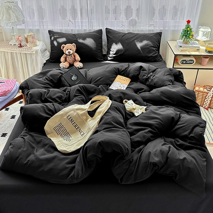 91家纺网 家纺一手货源 找家纺 繁花家居 2025新款高克重撞色水洗棉四件套 酷酷黑