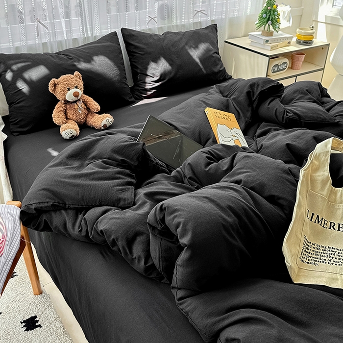 91家纺网 家纺一手货源 找家纺 繁花家居 2025新款高克重撞色水洗棉四件套 酷酷黑