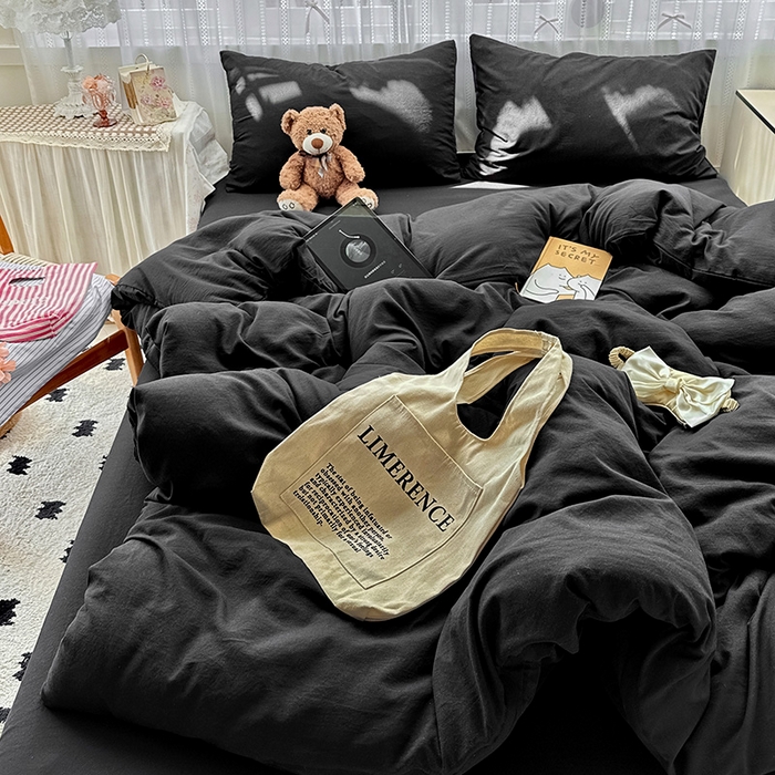 91家纺网 家纺一手货源 找家纺 繁花家居 2025新款高克重撞色水洗棉四件套 酷酷黑