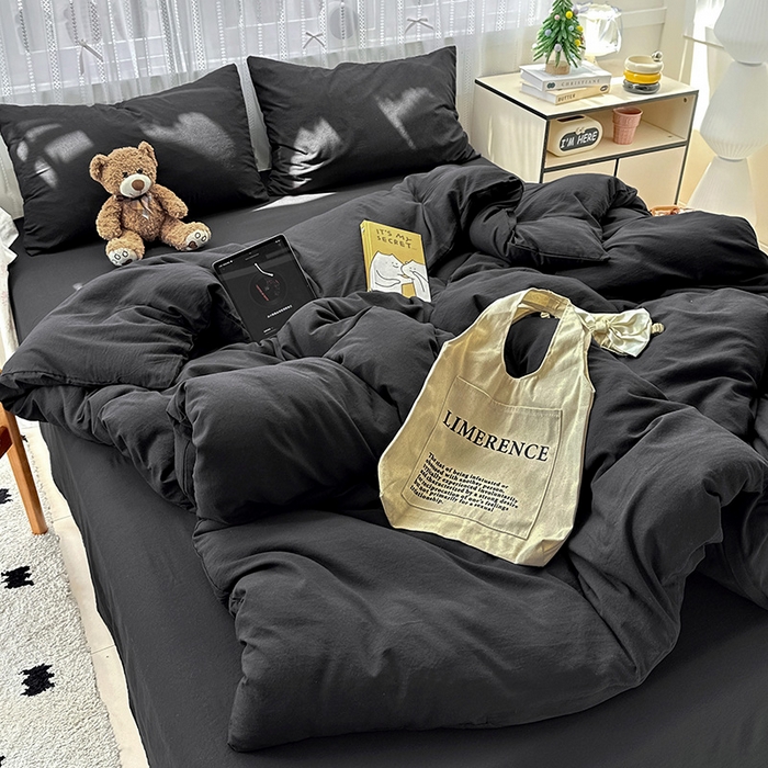 91家纺网 家纺一手货源 找家纺 繁花家居 2025新款高克重撞色水洗棉四件套 酷酷黑