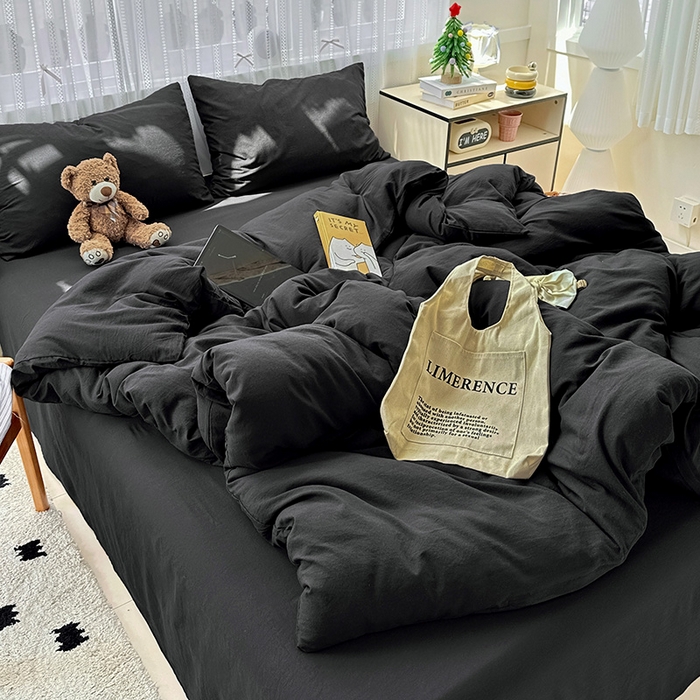 91家纺网 家纺一手货源 找家纺 繁花家居 2025新款高克重撞色水洗棉四件套 酷酷黑