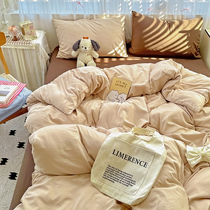 91家纺网 家纺一手货源 找家纺 繁花家居 2025新款高克重撞色水洗棉四件套 美拉德