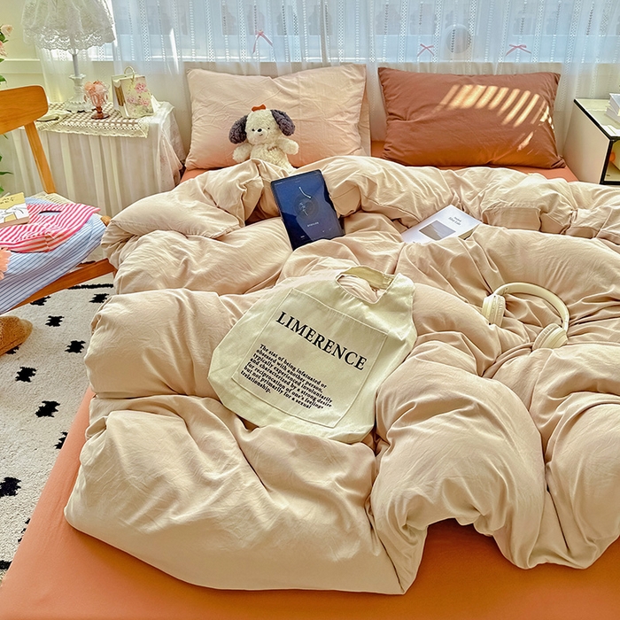 91家纺网 家纺一手货源 找家纺 繁花家居 2025新款高克重撞色水洗棉四件套 摩卡