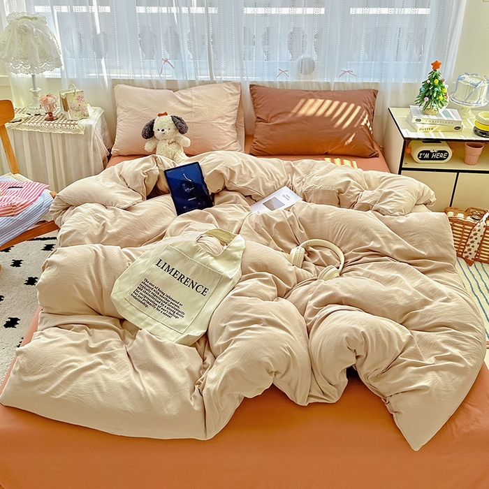 91家纺网 家纺一手货源 找家纺 繁花家居 2025新款高克重撞色水洗棉四件套 摩卡