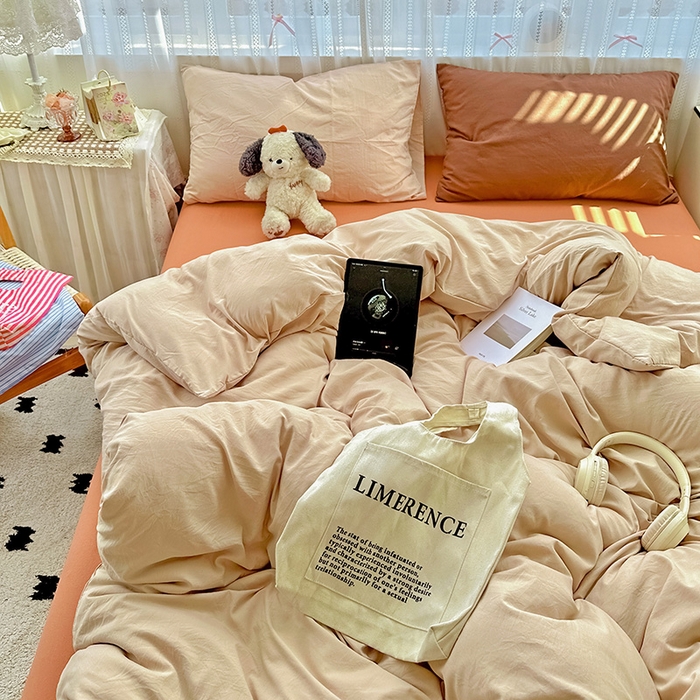 91家纺网 家纺一手货源 找家纺 繁花家居 2025新款高克重撞色水洗棉四件套 摩卡