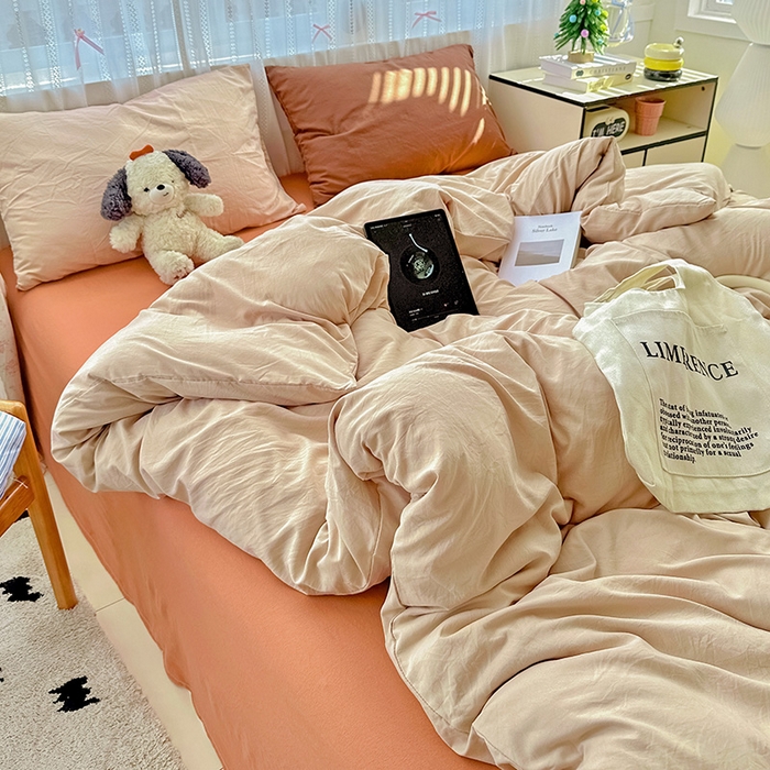 91家纺网 家纺一手货源 找家纺 繁花家居 2025新款高克重撞色水洗棉四件套 摩卡