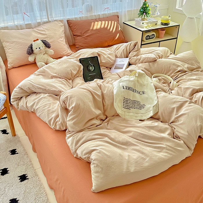 91家纺网 家纺一手货源 找家纺 繁花家居 2025新款高克重撞色水洗棉四件套 摩卡