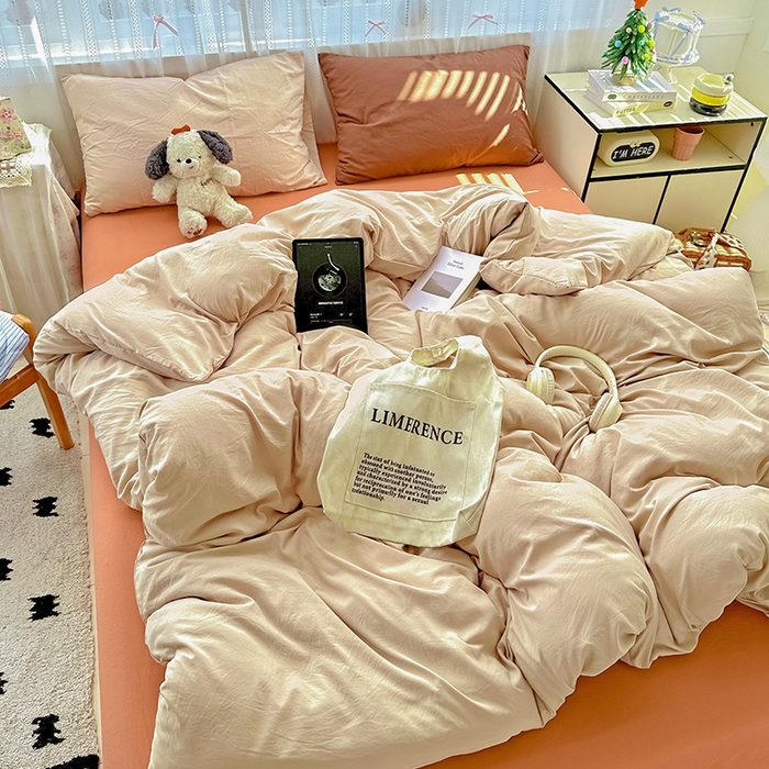 91家纺网 家纺一手货源 找家纺 繁花家居 2025新款高克重撞色水洗棉四件套 摩卡