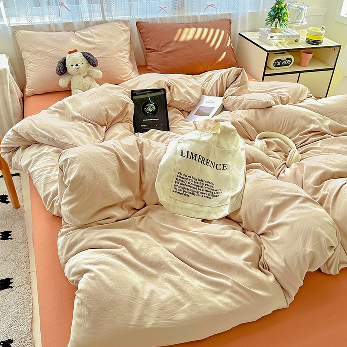 91家纺网 家纺一手货源 找家纺 繁花家居 2025新款高克重撞色水洗棉四件套 摩卡