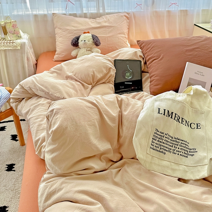 91家纺网 家纺一手货源 找家纺 繁花家居 2025新款高克重撞色水洗棉四件套 摩卡