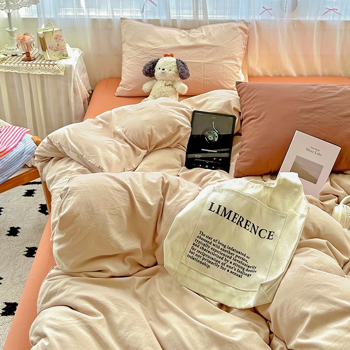 91家纺网 家纺一手货源 找家纺 繁花家居 2025新款高克重撞色水洗棉四件套 摩卡