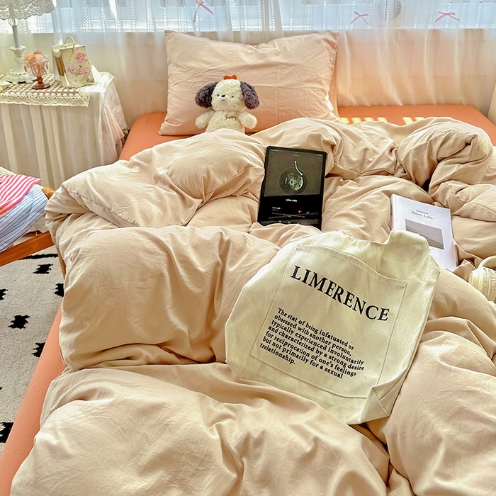 91家纺网 家纺一手货源 找家纺 繁花家居 2025新款高克重撞色水洗棉四件套 摩卡